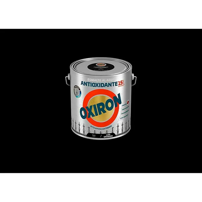 Oxiron Esmalte para metal Antioxidante Eco - Negro, 2,5 l, Satinado - Un cubo metálico plateado de pintura Oxiron. Pintura al agua, antioxidante, con acabado satinado para condiciones climáticas extremas.