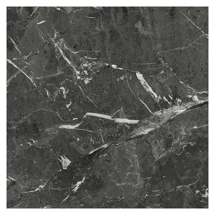 Resopal Küchenrückwand Fixmaß - Marmo Nero, 363 x 63,5 cm, Stärke: 15,6 mm, Holz - Nahaufnahme einer polierten, quadratischen Marmorfliese in Grau mit weißen Maserungen für Boden- und Wandgestaltung.