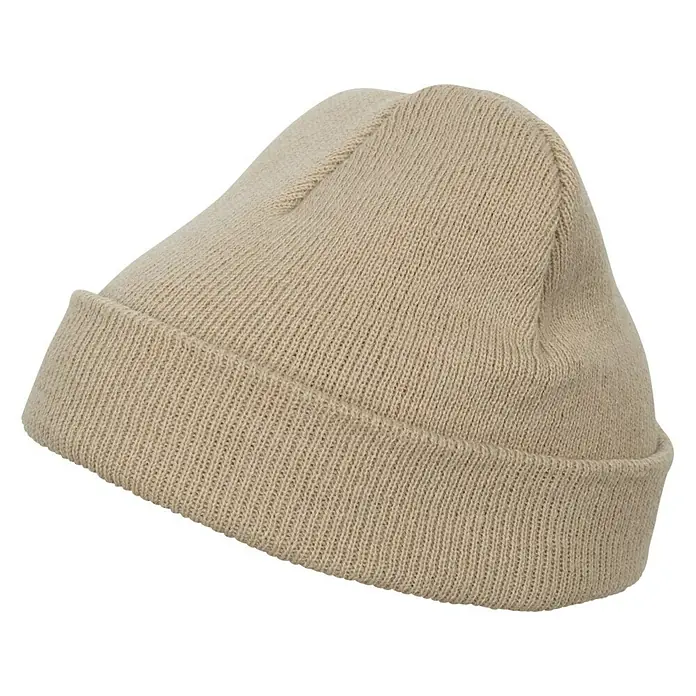 Flexfit Strickmütze Beanie - Braun, Größe: Universal - Nahaufnahme einer beigen Strickmütze, perfekt für kalte Tage.