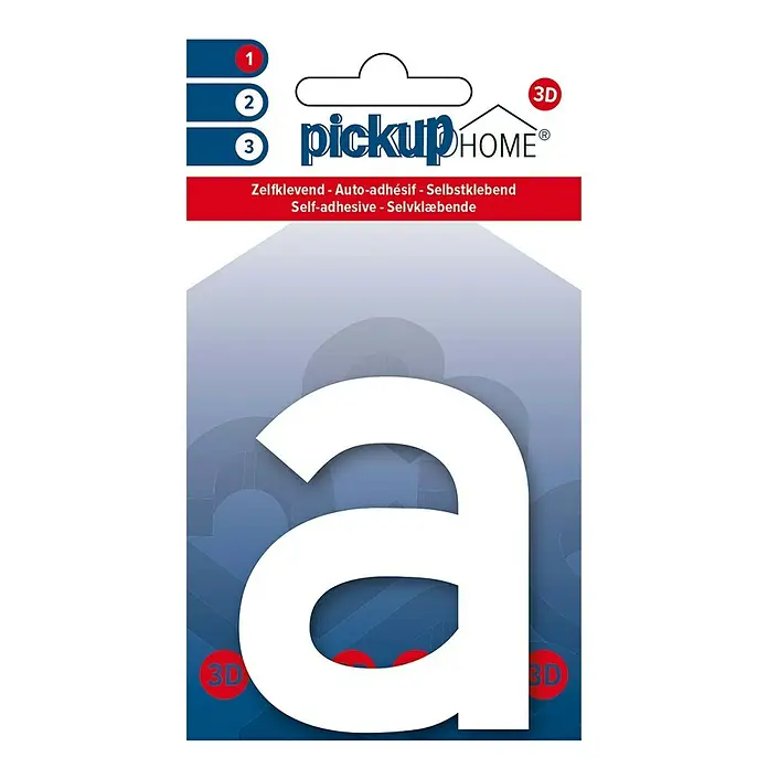 Pickup 3D Home Letra decorativa en 3D - Altura: 10 cm, Plástico, Motivo: a - Imagen del producto de una letra "a" 3D autoadhesiva de Pickup Home, ideal para decoraciones y proyectos de bricolaje.