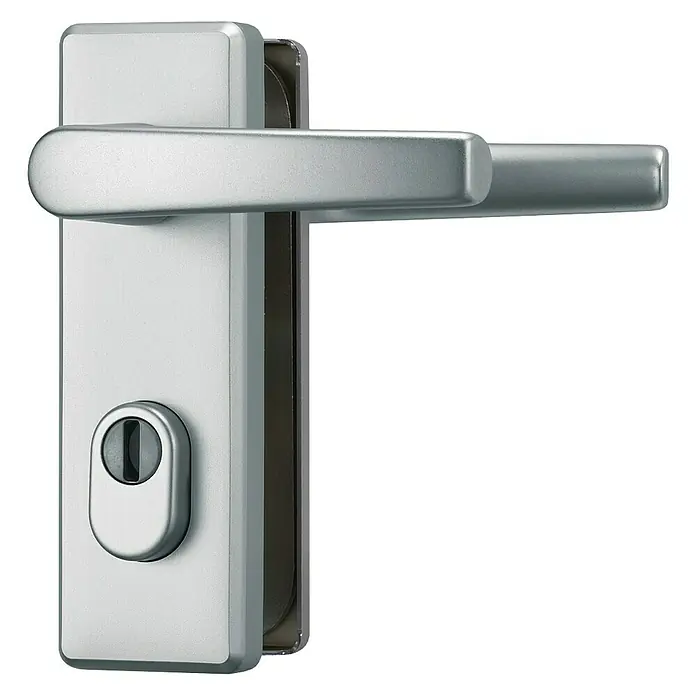 Abus Schutzbeschlag KKZS700Wohnungsabschlusstür, Aluminium, Drücker beidseitig, Stärke Tür: 37 mm - 47 mm - Nahaufnahme eines silbernen Türgriffs mit Schloss. Der Griff ist horizontal und der Schlosskasten ist rechteckig mit einem Schlüsselloch.
