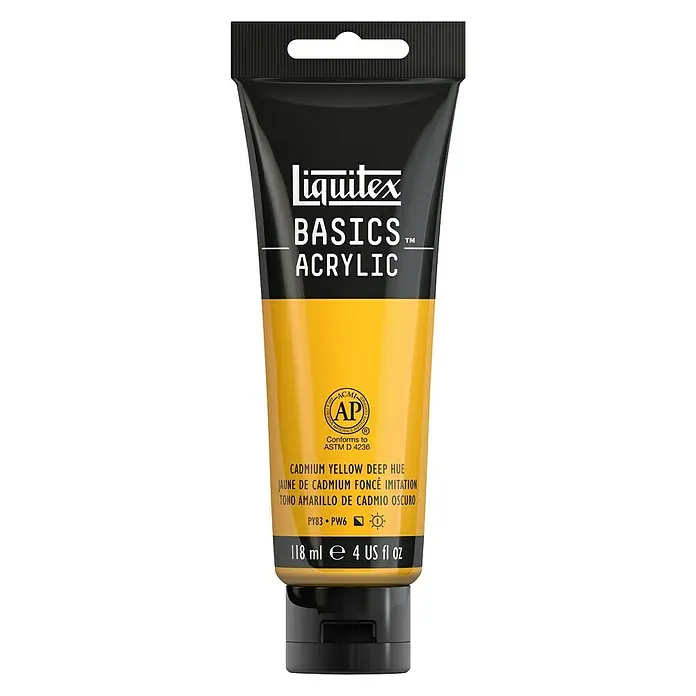 Liquitex Basics Acrylfarbe - Kadmiumgelb dunkel, 118 ml - Abbildung einer Tube Liquitex Basics Acrylfarbe in Cadmiumgelb Tief. Ideal für Künstler und Bastler, die hochwertige Farben suchen.