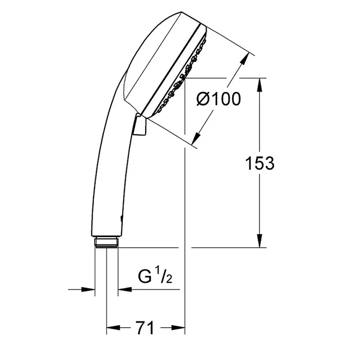 Grohe Tempesta Cosmopolitan 100 Handbrause - Anzahl Funktionen: 4 Stk., 9,5 l/min, Chrom - Technische Zeichnung eines Duschkopfs mit Maßangaben für Durchmesser und Gesamtlänge zur Installation im Badezimmer.