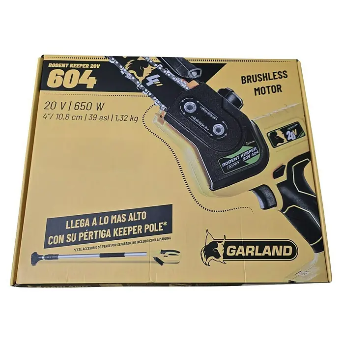 Garland Motosierra de batería Rodent Keeper 604-V24 - 20 V, 4 Ah, Iones de litio, 1 batería, Longitud de la cuchilla: 10 cm - Imagen de la motosierra inalámbrica RODENT KEEPER 20V 604 con motor sin escobillas, 20V/650W y longitud de corte de 4"/10,8cm.