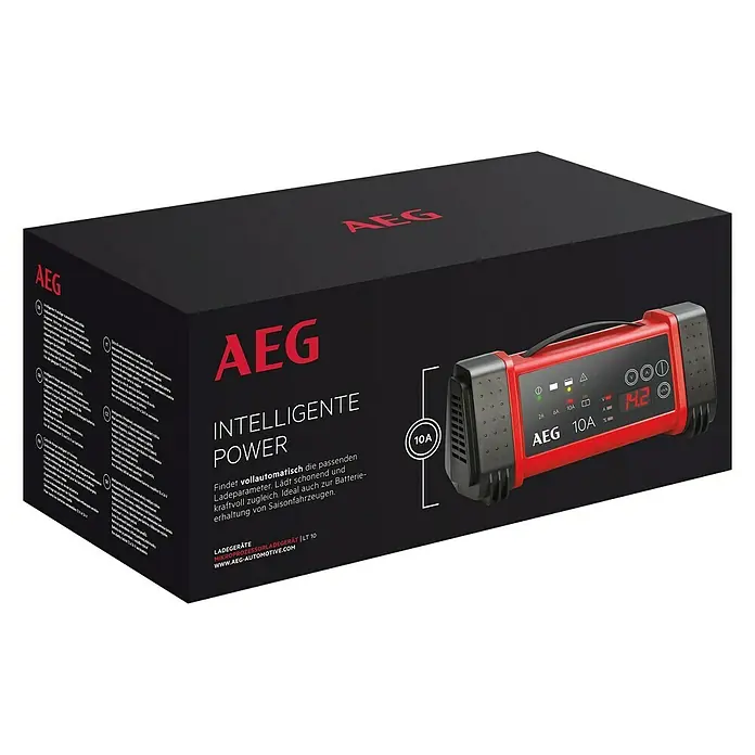AEG Equipo cargador automático LT10 - Apto para: Baterías AGM/Gel/Plomo ácido 12/24 V, 230 V - Imagen de un embalaje para un cargador inteligente AEG 10A. La caja es negra con letras rojas y una imagen del producto.