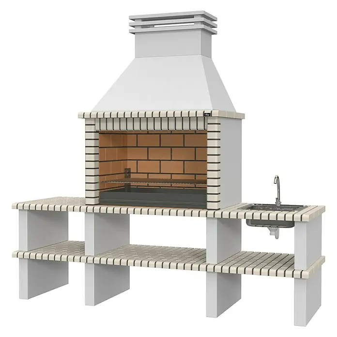 Collippo Nisa Barbacoa de obra con fregadero - An x Pr x Al: 259 x 80,5 x 260 cm, Superficie parrilla: 97 x 60 cm, Parrilla de barbacoa regulable en altura - Esta imagen muestra una elegante barbacoa exterior con fregadero y estanterías, perfecta para experiencias culinarias al aire libre.