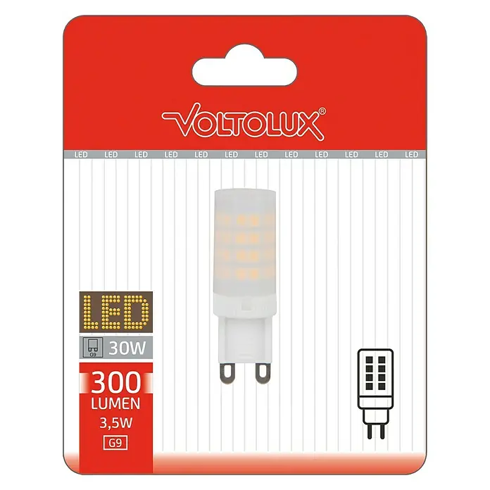 Voltolux Bombilla LED - G9, No regulable, Blanco cálido, 300 lm, 3.000 K, 3,5 W - Imagen de una bombilla LED VOLTOLUX G9, 3.5W, 300 lúmenes, equivalente a 30W, ideal para soluciones de iluminación energéticamente eficientes.