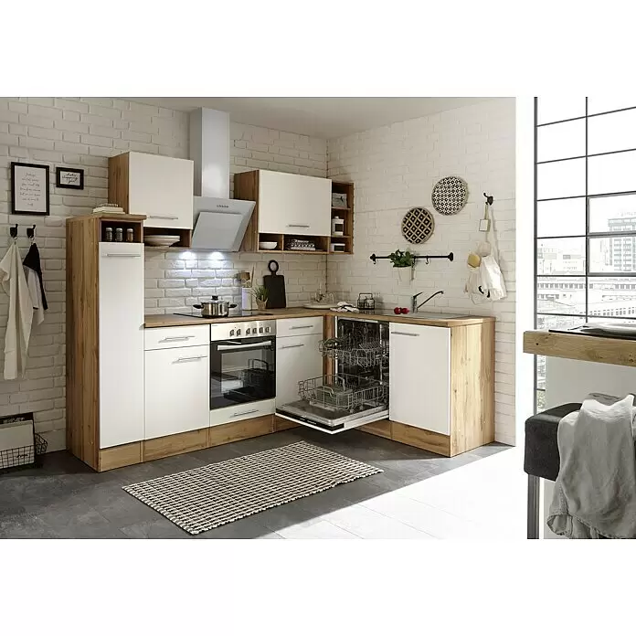 Respekta Cocina esquinera Hilde - Ancho: 250 cm, Blanco, Mate, Efecto madera, Con electrodomésticos - Cocina moderna en forma de L con armarios blancos, encimeras efecto madera y electrodomésticos integrados como fogones, horno, fregadero y lavavajillas abierto.