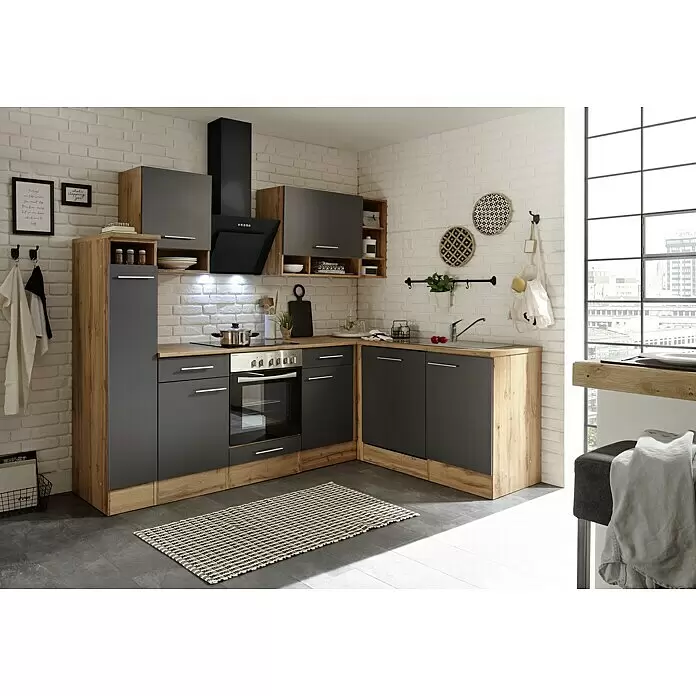 Respekta Cocina esquinera Hilde - Ancho: 250 cm, Gris, Mate, Efecto madera, Con electrodomésticos - Cocina moderna con frentes gris oscuro y detalles de madera clara, equipada con vitrocerámica, horno y fregadero.