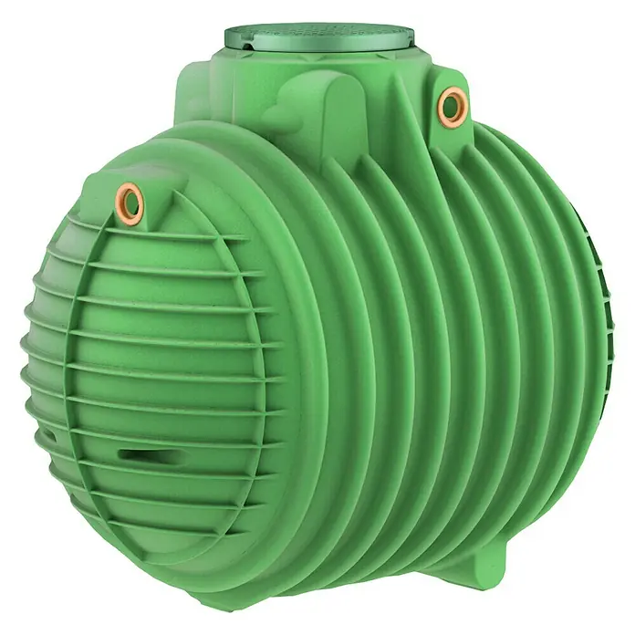 Garantia ProLine Zisterne Columbus - Gesamt Fassungsvermögen: 4.500 l, Dunkelgrün - Nahaufnahme eines grünen, unterirdischen Regenwassertanks, ideal zur Speicherung und Nutzung von Regenwasser im Garten.