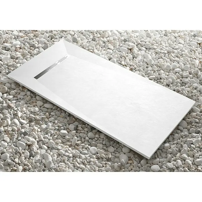 Camargue Plato de ducha Adriatic - L x An: 70 x 120 cm, Carga mineral, Blanco - Plato de ducha rectangular blanco con desagüe integrado rodeado de guijarros blancos. El plato de ducha ofrece una estética moderna para cualquier baño.