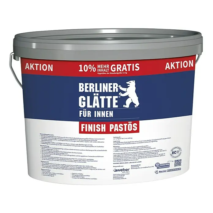 Berliner Glätte Füll- & Glättspachtel Finish Pastös - 16,5 kg - Eimer Berliner Glätte Finish Pastös für den Innenbereich, eine gebrauchsfertige Spachtelmasse mit hoher Endfestigkeit für glatte Oberflächen.