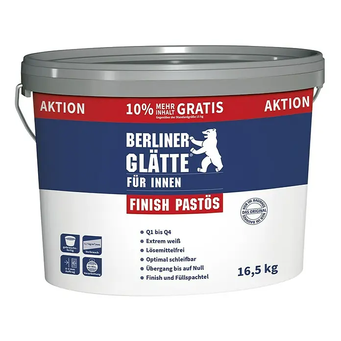 Berliner Glätte Füll- & Glättspachtel Finish Pastös - 16,5 kg - Eimer Berliner Glätte Finish Pastös Innenputz mit 10% mehr Inhalt, gebrauchsfertig, für Q1 bis Q4, extrem weiß, lösemittelfrei, 16,5 kg.