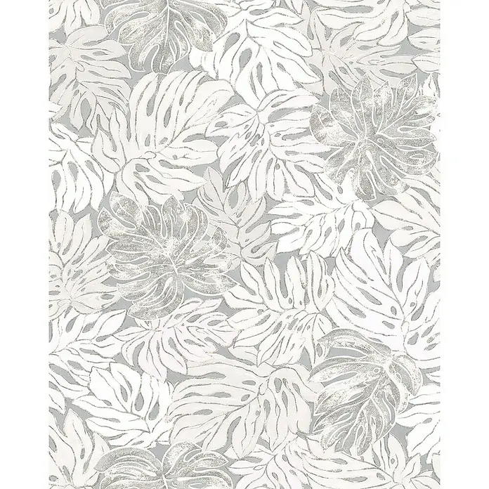 Marburg Casual Vliestapete Philodendron - Grau/Beige, Floral, 10,05 x 0,53 m - Ein elegantes, silberfarbenes Monstera-Blattmuster-Design, das eine ruhige und stilvolle Atmosphäre schafft. Perfekt für moderne Wohnräume und Textilien.