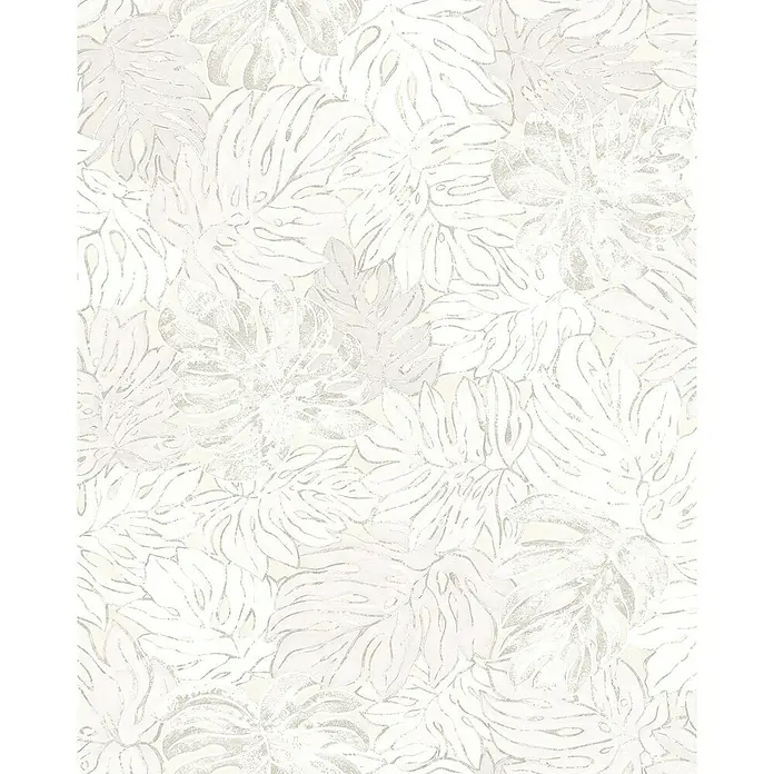 Marburg Casual Vliestapete Philodendron - Greige, Floral, 10,05 x 0,53 m - Ein elegantes Muster von weißen und silbernen Monstera-Blättern, das einen Hauch von tropischer Raffinesse verleiht.