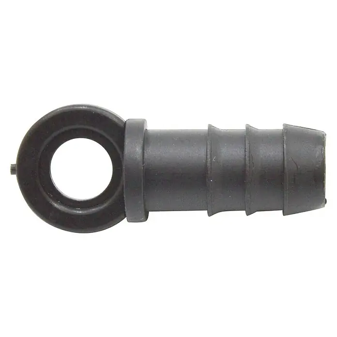 Tapón final Goteo - 16 mm, 10 ud. - Primer plano de un adaptador de lengüeta de manguera de plástico negro con un extremo de ojal para conexiones de manguera seguras.