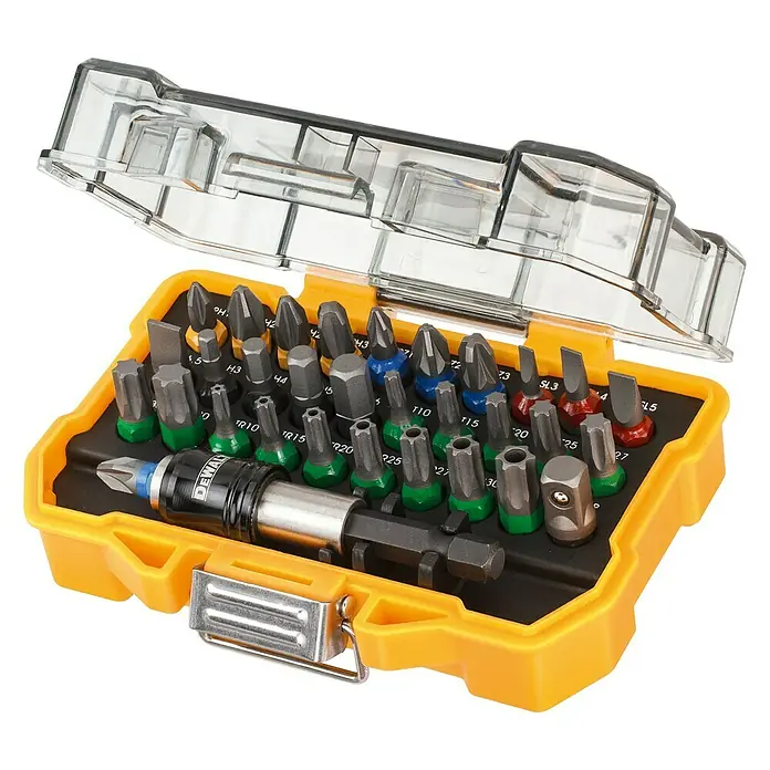 DeWalt Bit-Set DT7969 - 32 -tlg. - Offener Werkzeugkasten mit gelbem Gehäuse und transparentem Deckel, gefüllt mit einer Vielzahl von Schrauberbits.