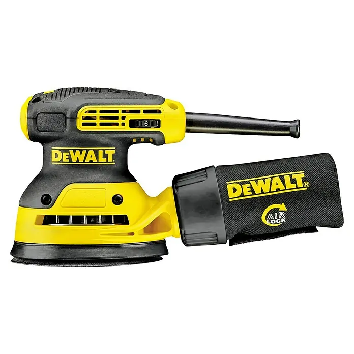 DeWalt Elektro-Exzenterschleifer DWE6423 - 280 W, Durchmesser Schleifteller: 125 mm - Ein gelb-schwarzer DeWalt Exzenterschleifer mit Staubbeutel, der für effizientes Schleifen und Staubabsaugung entwickelt wurde.
