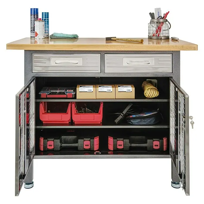 Werkbank mit Schubladen & Unterschrank - L x B: 61 x 122 cm, Arbeitshöhe: 95 cm, Belastbarkeit: 315 kg, Anthrazit/Silber - Werkbank mit Schubladen und Schränken, ideal für Werkstatt oder Garage. Robuste Konstruktion für vielfältige Projekte.