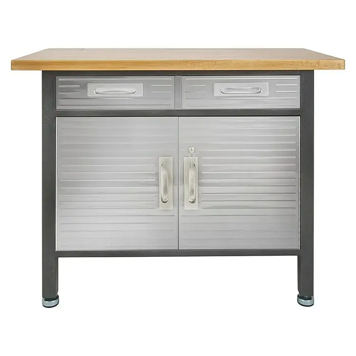 Werkbank mit Schubladen & Unterschrank - L x B: 61 x 122 cm, Arbeitshöhe: 95 cm, Belastbarkeit: 315 kg, Anthrazit/Silber - Bild eines Werkstattschranks mit Holzplatte, zwei Schubladen und zwei Türen mit Griffen. Der Schrank hat ein stabiles, dunkles Metallgestell.