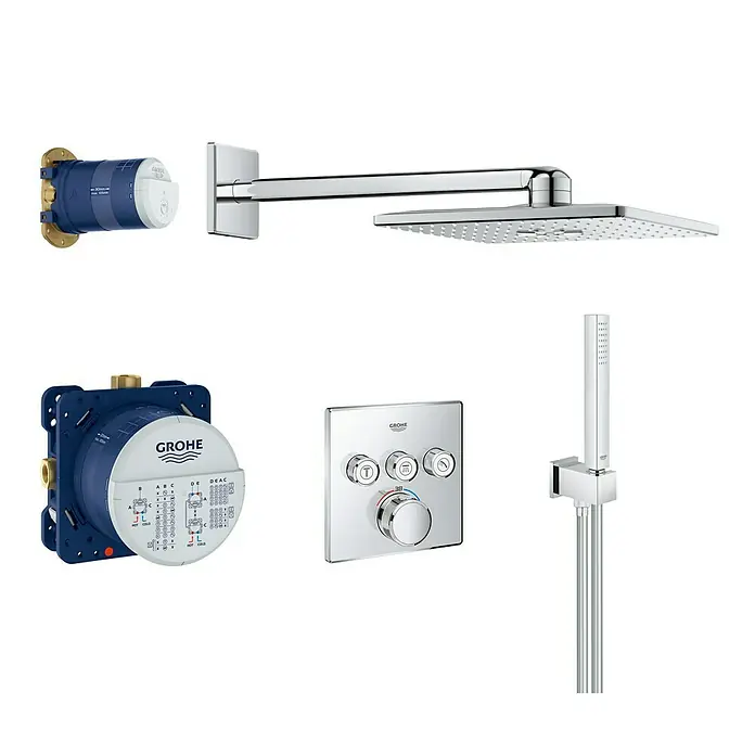 Grohe Grohtherm SmartControl Duschsystem - Mit Mischer, Anzahl Strahlarten: 3 Stk., Chrom, Form Kopfbrause: Eckig - Produktabbildung eines Grohe Duschsystems mit Kopf- und Handbrause sowie Thermostat.