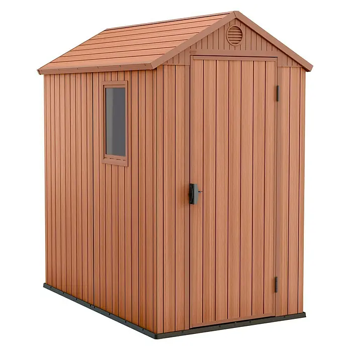 Keter Caseta de jardín Darwin 4x6 - Medidas ext. (An x Pr): 125,8 x 184,5 cm, Plástico, Marrón, 2,3 m² - Un cobertizo de jardín espacioso con una puerta de madera y una pequeña ventana, perfecto para guardar herramientas y accesorios.