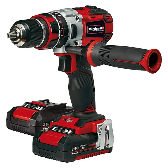 Einhell Professional PXC 18V Taladro atornillador percutor de batería TE-CD 18 Li-i BL - 18 V, 2 baterías, 60 Nm - Imagen de un taladro atornillador de impacto inalámbrico Einhell con dos baterías de 18V 2.0Ah. El dispositivo es rojo, negro y plateado.
