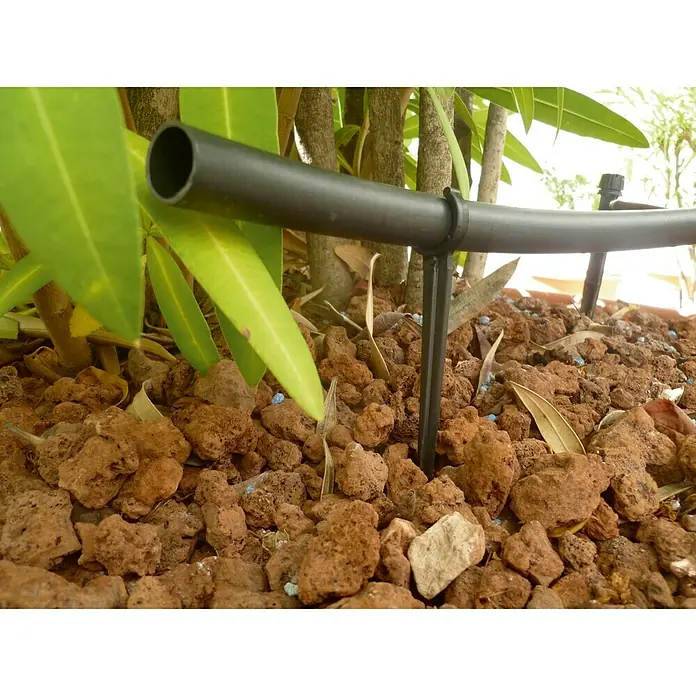 Set de iniciación Multigoteo - Apto para: Riego en línea - Primer plano de un sistema de riego con manguera negra y boquillas entre plantas y piedras.