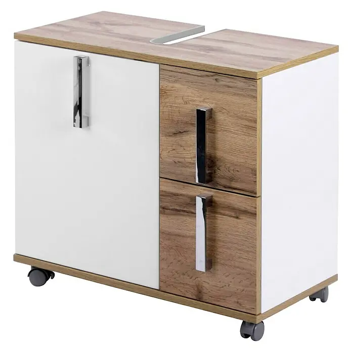 Schildmeyer Luca Waschtischunterschrank - 65 x 32 x 60 cm, Weiß/Wotaneiche - Ein moderner, rollbarer Büroschrank mit weißen und holzfarbenen Elementen, ideal für die Aufbewahrung von Büromaterialien.
