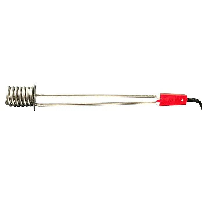 Berg Tecmix Tauchsieder Inox 2000 - Eintauchtiefe: 215 mm - 370 mm, Edelstahl - Ein Eintauchheizkörper mit einer Heizspirale und einem roten Griff. Das Heizelement hat einen schwarzen Netzkabel.