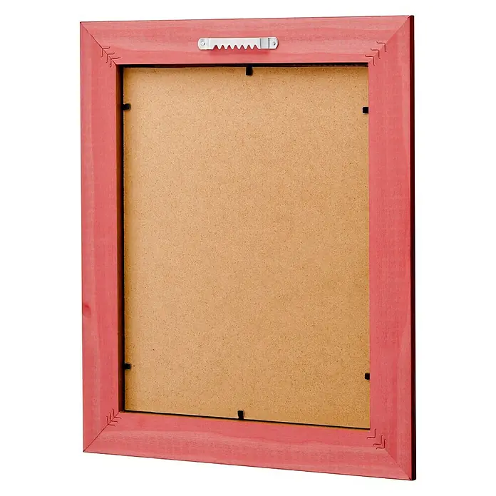 3M Command Colgador adhesivo 17047 - Plástico, Blanco - Vista posterior de un marco de fotos de madera rojo con colgador y tablero trasero marrón.