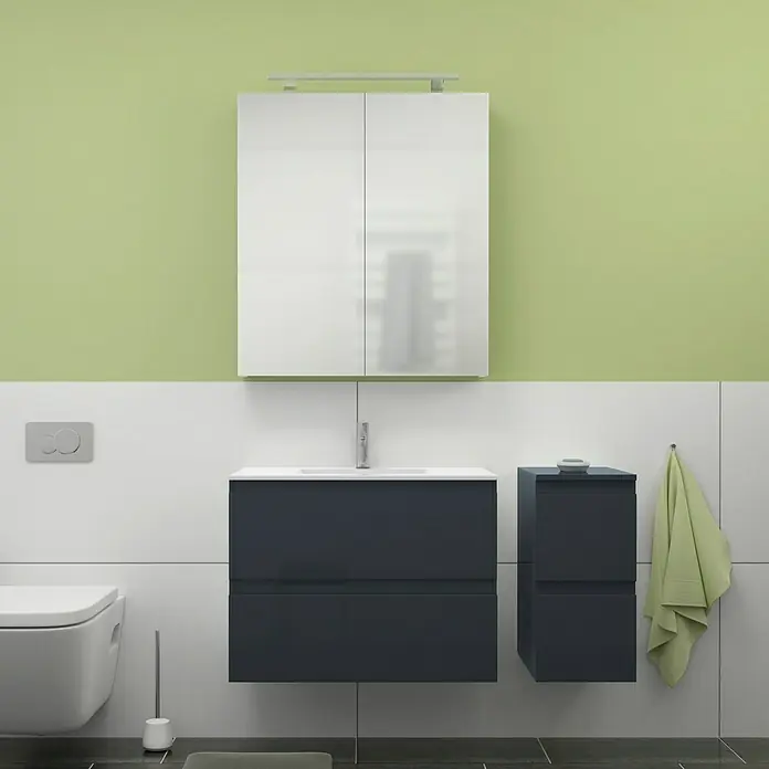 Camargue Espacio Badmöbel-Set J15 - 110 cm, Gama anthrazit glänzend - Moderne Badezimmereinrichtung mit einem Unterschrank in Anthrazit, einem Spiegelschrank und einer Toilette für ein stilvolles Ambiente.