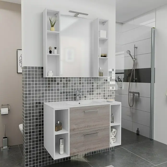 Camargue Espacio Badmöbel-Set i77 - 100 cm, Faro - Moderne Badezimmereinrichtung mit Waschbeckenunterschrank und Spiegelschrank mit seitlichen Regalen.