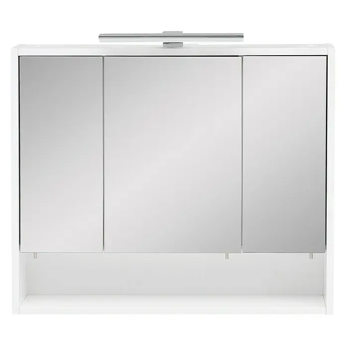 Schildmeyer Kimi LED-Spiegelschrank - B x H: 70 x 60,5 cm, Mit Beleuchtung, Holz, Weiß - Bild eines weißen Spiegelschranks mit drei Türen und integrierter Beleuchtung, ideal für Badezimmer.