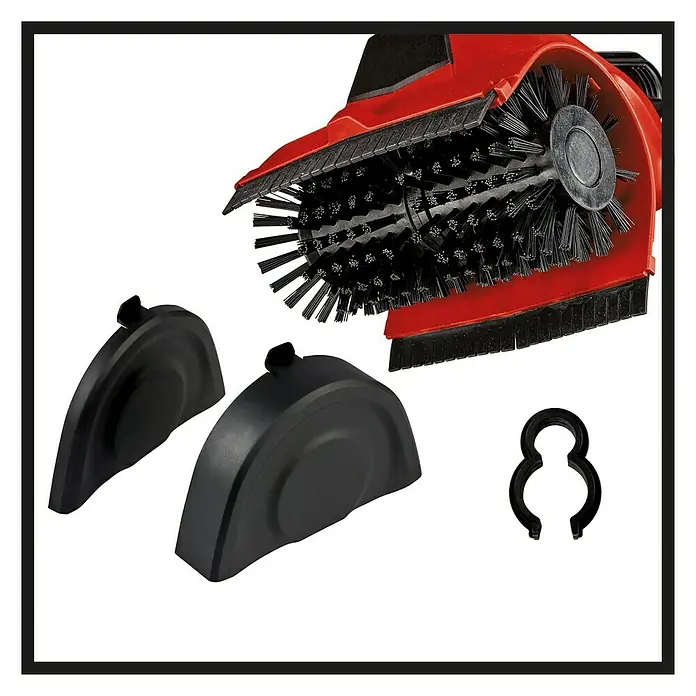 Einhell Power X-Change 18V Akku-Oberflächenbürste Picobella 18/215 - 18 V, Ohne Akku - Das Bild zeigt eine Kehrmaschine mit Anbauteilen. Zu sehen sind Bürsten, Abdeckungen und eine Halteklammer.