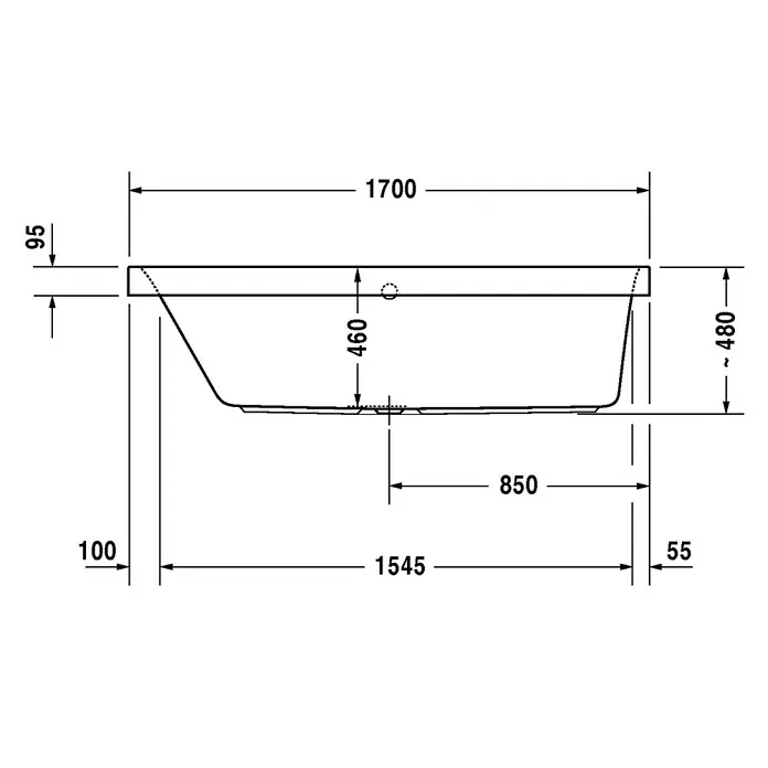 Duravit Happy D.2 Badewanne - 170 x 75 cm, Sanitäracryl, Weiß, Rückenschräge links - Technische Zeichnung einer Badewanne mit Maßangaben.