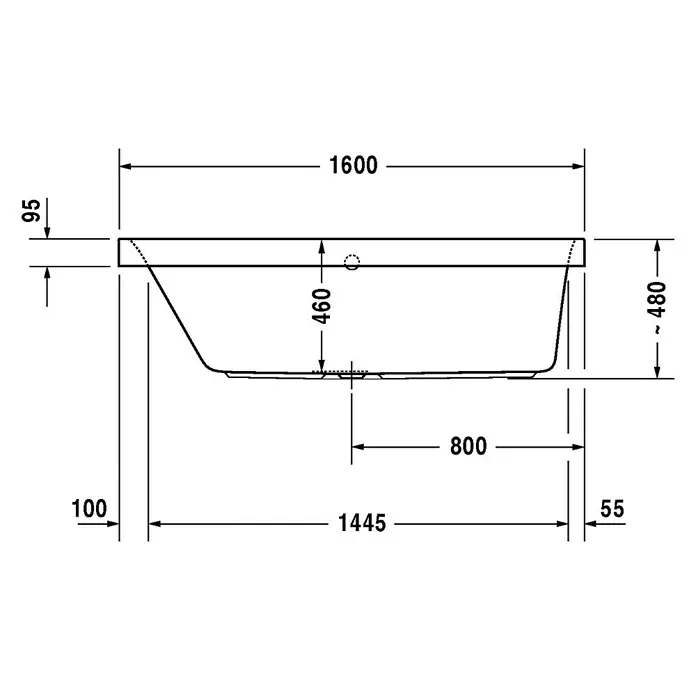 Duravit Happy D.2 Badewanne - 160 x 70 cm, Sanitäracryl, Weiß, Rückenschräge links - Abbildung der technischen Zeichnung einer Badewanne mit detaillierten Maßangaben in Millimetern.