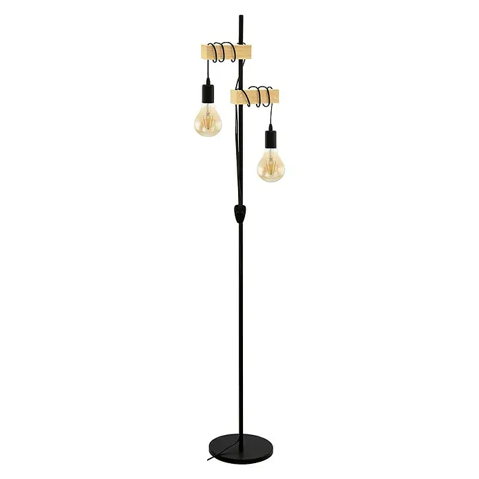 Eglo Townshend Stehleuchte - 20 W, Höhe: 166,5 cm, Braun/Schwarz, E27 - Die stilvolle Stehlampe aus schwarzem Metall mit Holzelementen und zwei Glühbirnen sorgt für eine angenehme Beleuchtung.