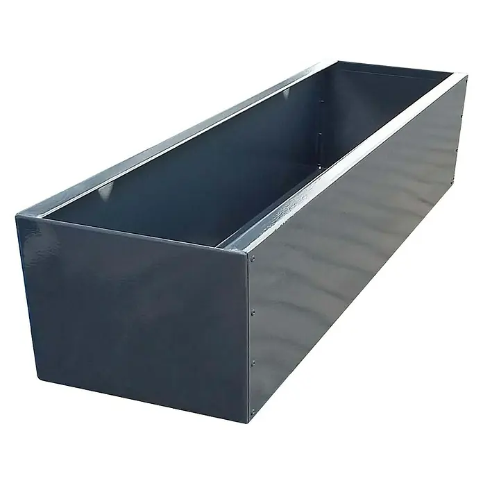 WMT Pflanzkasten RAL 7016 - L x B x H: 100 x 14 x 10 cm, Anthrazit, Geeignet für: Stabgitterzäune, Stahl - Das Bild zeigt einen rechteckigen, leeren Pflanzkasten aus Metall in dunkler Farbe, ideal für den Garten oder die Terrasse.