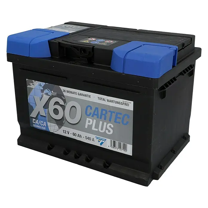 Cartec Autobatterie Plus - Kapazität: 60 Ah, Typ Autobatterie: Blei-Säure - Hier ist eine Autobatterie Cartec Plus X60 mit 12V, 60Ah und 540A, die eine zuverlässige Energiequelle für Ihr Fahrzeug bietet.