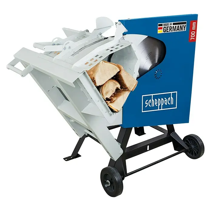 Scheppach Wippkreissäge HS720 - 4.500 W, Durchmesser Sägeblatt: 700 mm - Scheppach Wippkreissäge mit Holzstücken, die in der Maschine liegen. Die Wippkreissäge ist blau, weiß und schwarz.