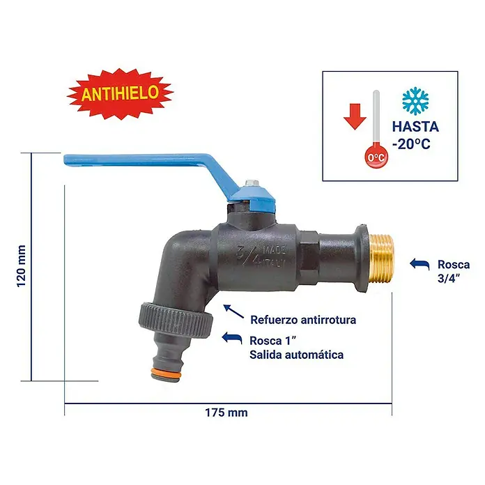 Grifo de esfera Anti-hielo - Negro, Conector rápido, Rosca interior: 1″ - Un grifo de jardín negro de 3/4 de pulgada a prueba de heladas con mango azul, adecuado para temperaturas de hasta -20°C.