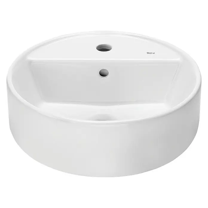Roca Lavabo con repisa Domus - 40 x 40 cm, Orificios para grifo: Medio, Con desbordamiento, Blanco - Primer plano de un lavabo Roca blanco con un diseño moderno y elegante, perfecto para cualquier baño.