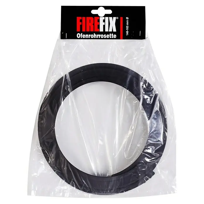 Firefix Ofenrohrrosette - Verstellbar: 140 mm - 165 mm, Pulverbeschichtet, Schwarz - Ofenrohrrosette von Firefix in einer durchsichtigen Plastikverpackung, ideal für Kaminöfen.