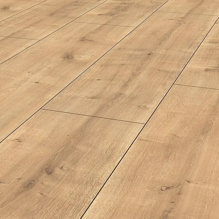 LOGOCLIC Laminatmuster Vinto Eiche Palazzo - 296 x 195 x 8 mm, Landhausdiele - Nahaufnahme von Laminatboden mit hellbraunem Holzdekor, der eine warme und natürliche Atmosphäre schafft.