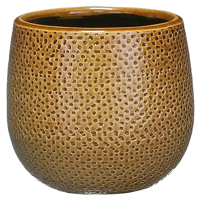 Mica Decorations Übertopf rund Gabriel - Außenmaß (Ø x H): 14 x 12 cm, Ockergelb, Keramik - Nahaufnahme eines braunen, getüpfelten Pflanzgefäßes aus Keramik mit dunkler Innenseite, ideal für Zimmerpflanzen.