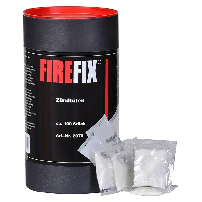 Firefix Anzünder - 100 Stk. - Feueranzünder FireFix Zündtüten mit ca. 100 Stück, Art.-Nr. 2070, in einer runden, schwarzen Verpackung mit rotem Deckel.