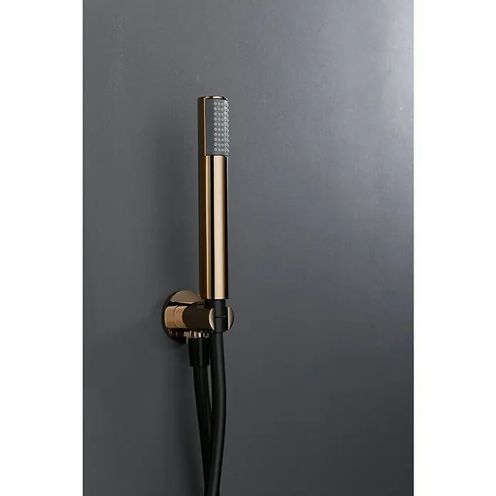 Imex Milos Sistema de ducha empotrado - Con grifo monomando, Negro/Oro rosa - Elegante ducha de mano dorada y negra montada en una pared gris. El accesorio de ducha combina estilo y funcionalidad en el baño.