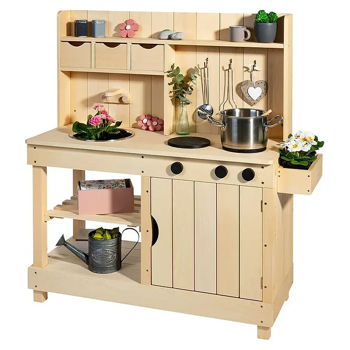 Muddy Buddy Matschküche Explorer - 102 x 40 x 105 cm, Holz, Natur - Helle, naturbelassene Spielküche aus Holz mit Kochutensilien und Pflanzen für Kinder zum fantasievollen Spielen.