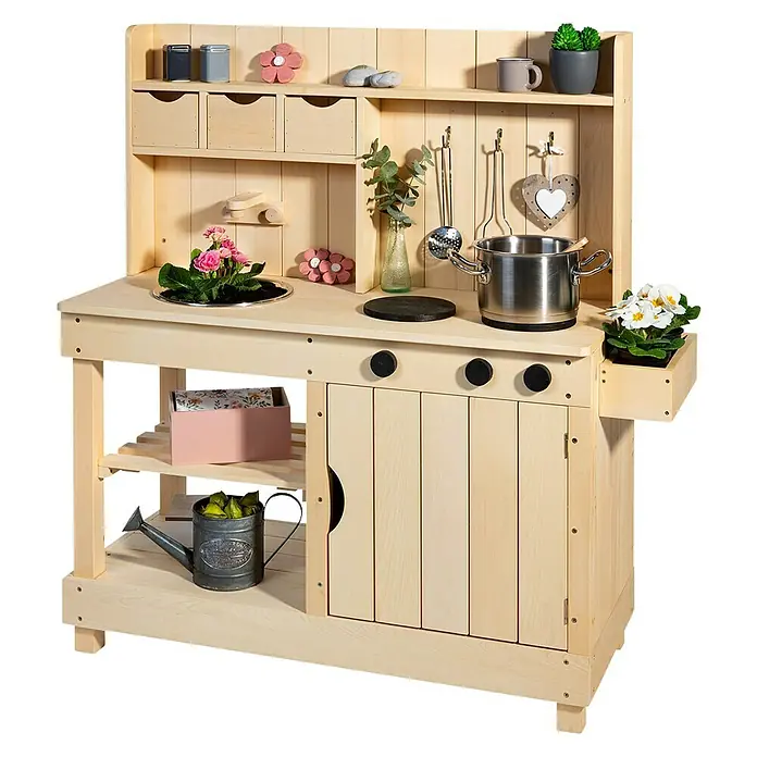 Muddy Buddy Matschküche Explorer102 x 40 x 105 cm, Holz, Natur - Helle, naturbelassene Spielküche aus Holz mit Kochutensilien und Pflanzen für Kinder zum fantasievollen Spielen.